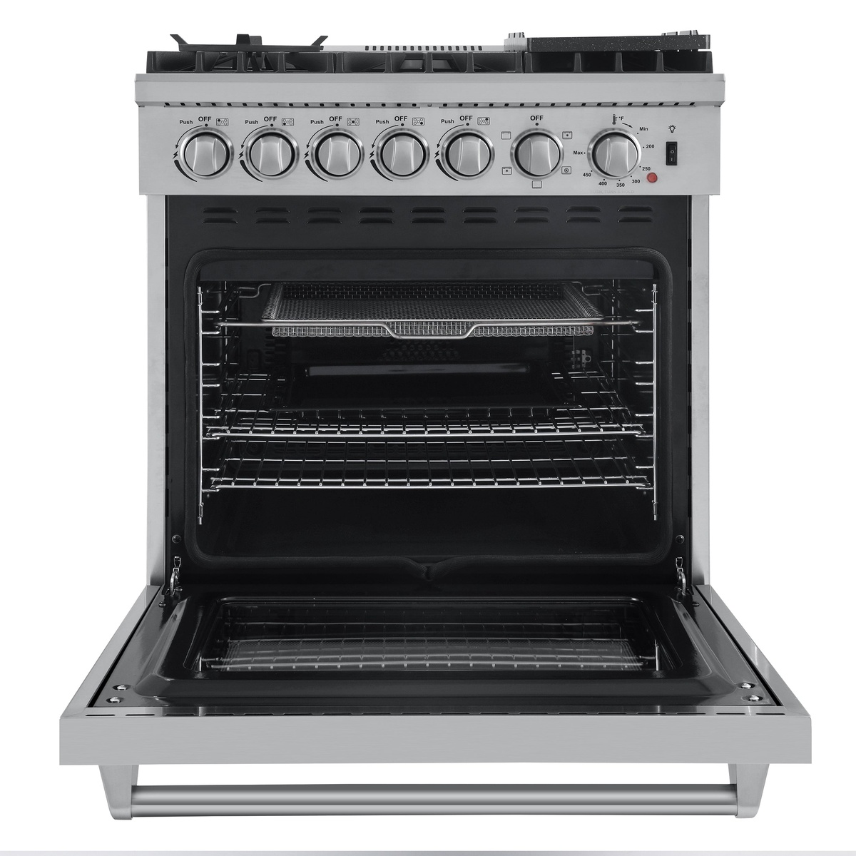 FORNO Lazio FFSGS6196-30 range with the oven door open, showing the black oven interior with racks