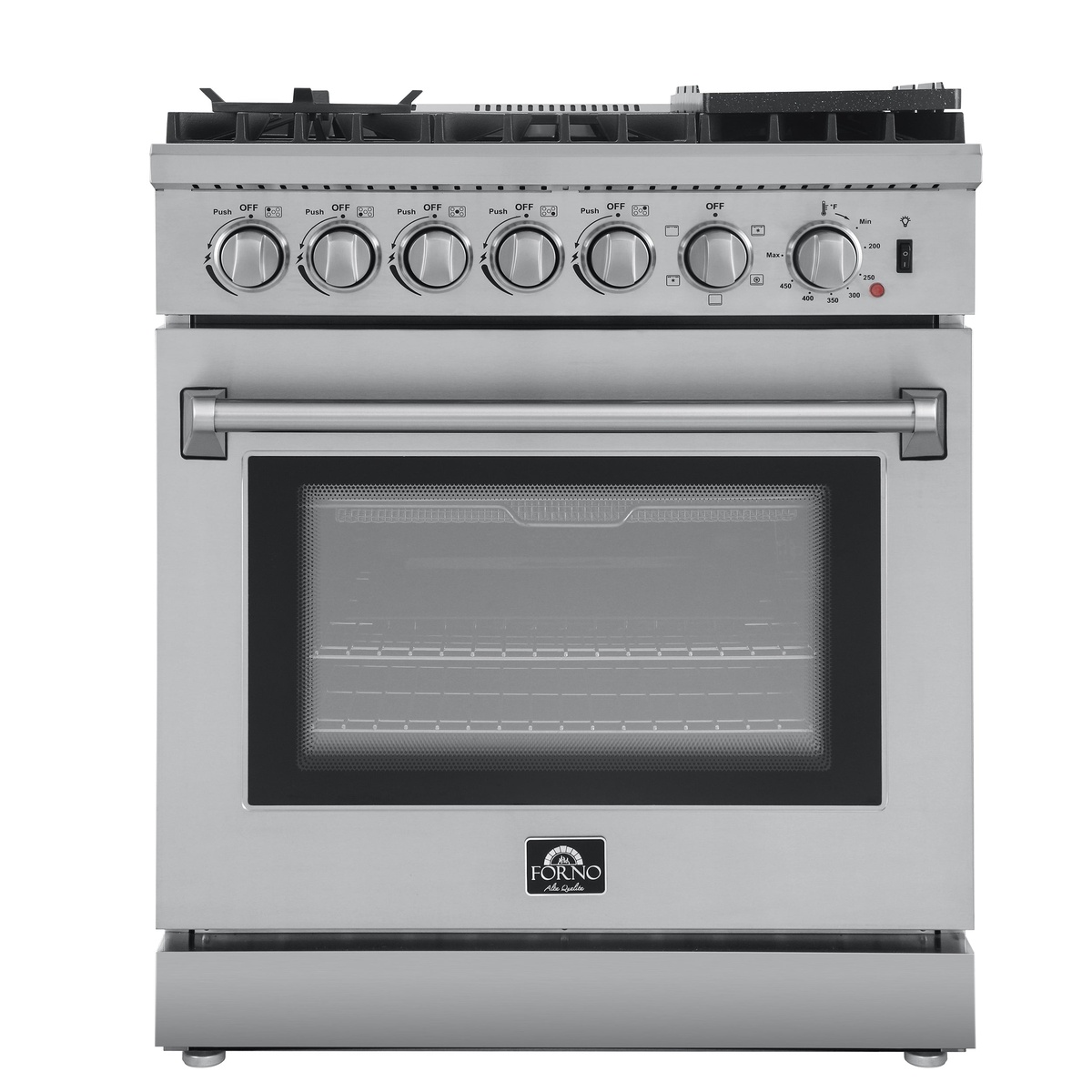 Front view of the stainless steel FORNO Lazio 30-inch freestanding range with five control knobs and oven window