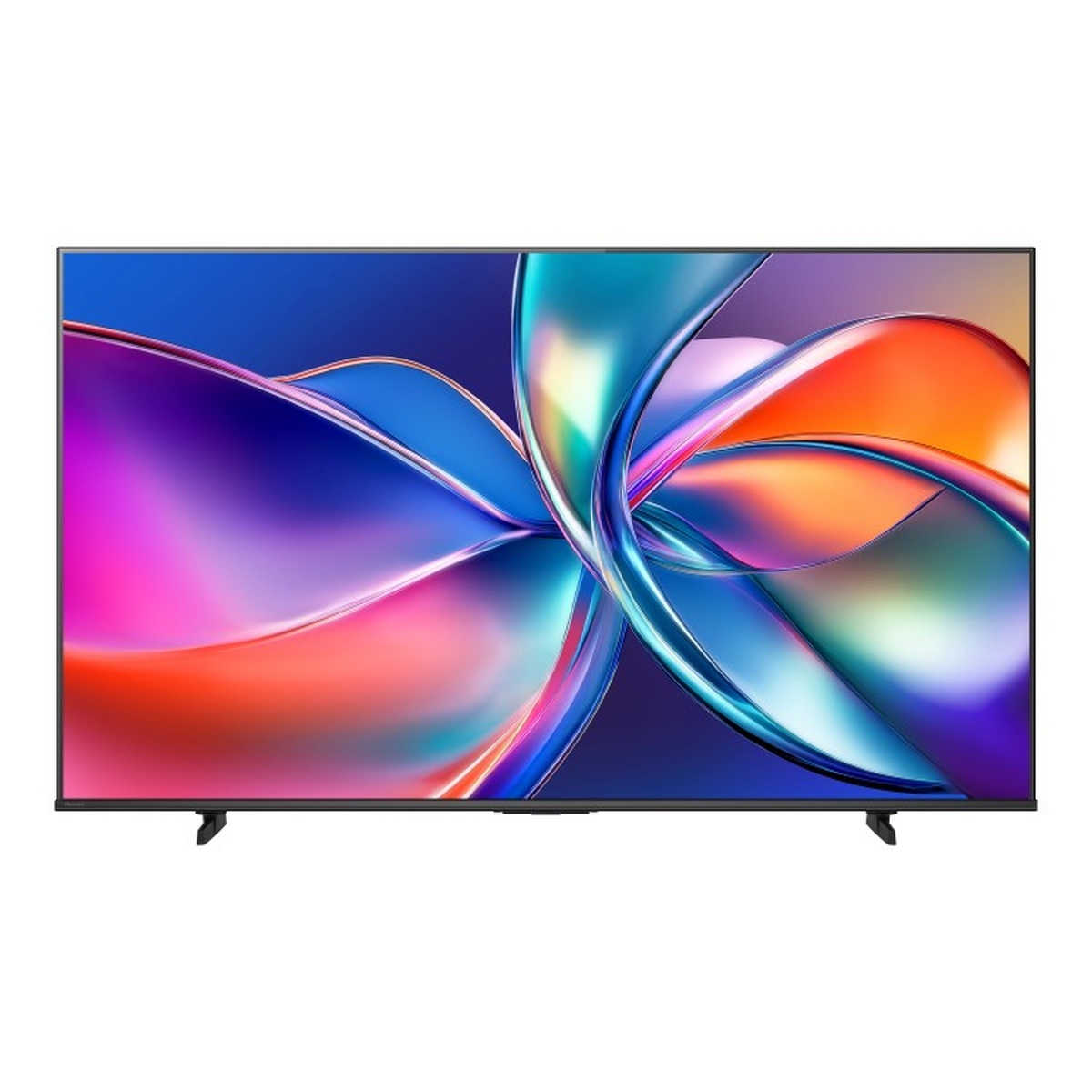 Hisense flat-screen TV shown from the front with slim bezels and two feet stands