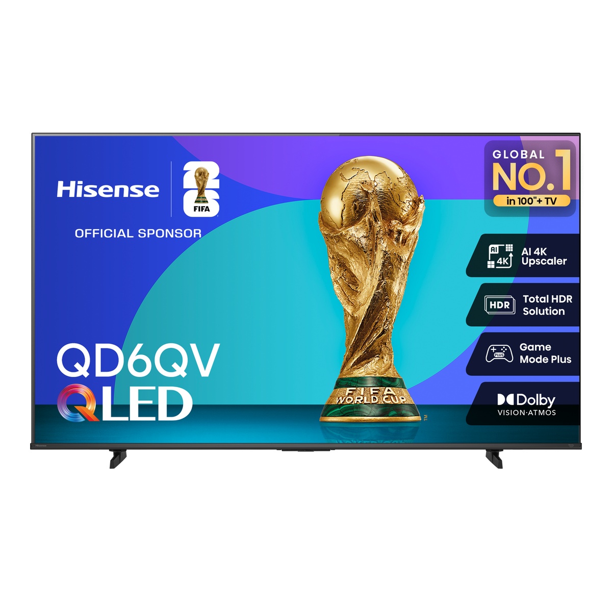Front view of Hisense QD6QV QLED TV screen showing feature badges for AI 4K Upscaler, Total HDR Solution, Game Mode Plus, and Dolby Vision-Atmos
