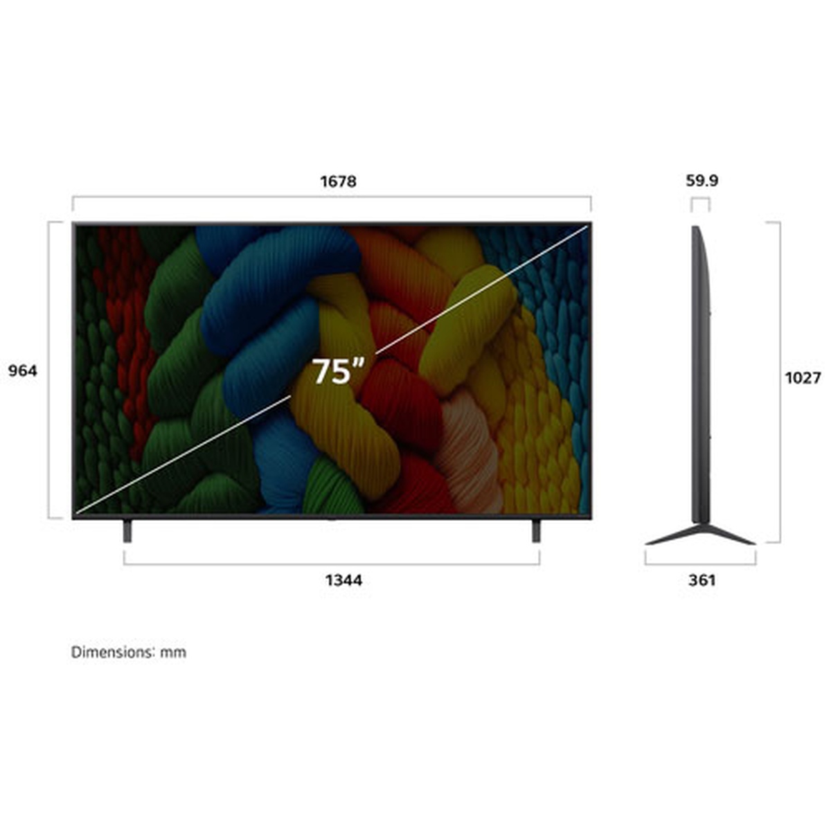 LG NanoCell TV shown with a 75-inch diagonal measurement and a side profile, with dimensions labeled in millimetres.