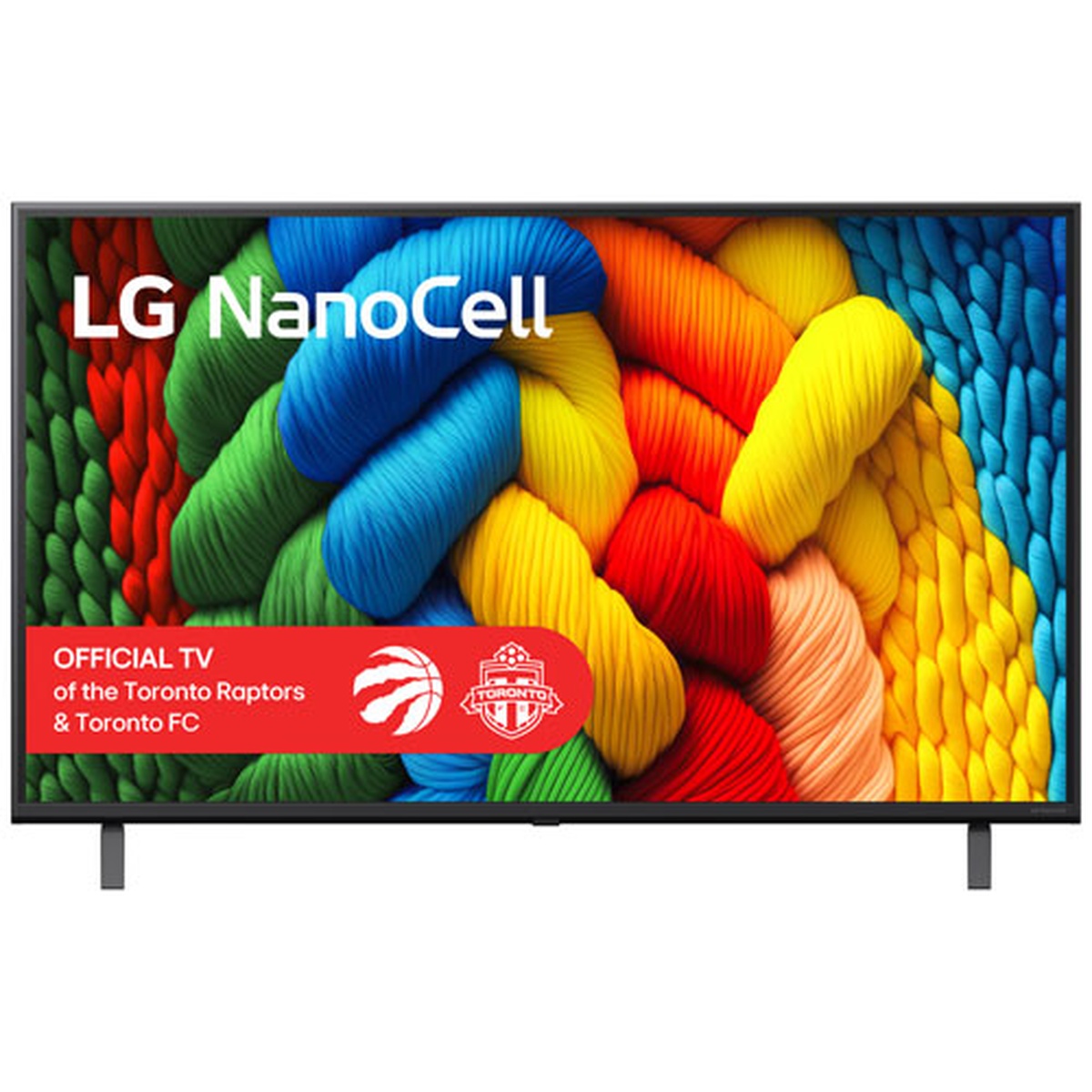 Front view of an LG NanoCell television with a colourful on-screen image and slim legs.