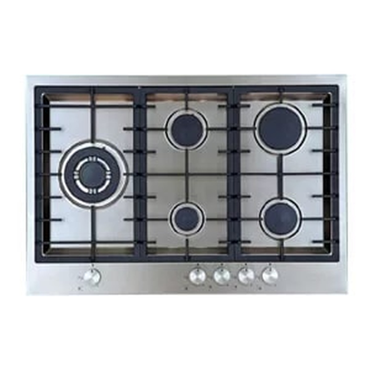 Top view of AEG stainless steel gas cooktop with five burners, cast iron grates, and front control knobs