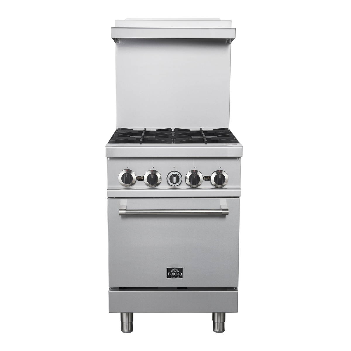 Front view of a stainless steel FORNO Commerciale 24-inch gas range with four burner grates, control knobs, and high backsplash