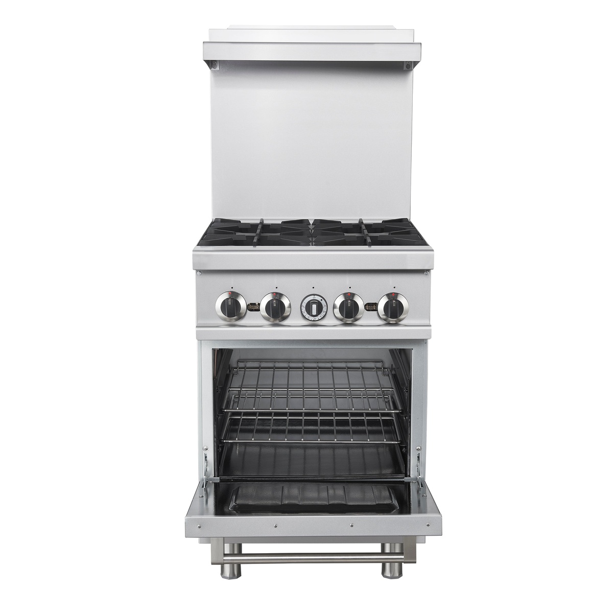 FORNO Commerciale 24-inch gas range with the oven door open showing oven racks and interior