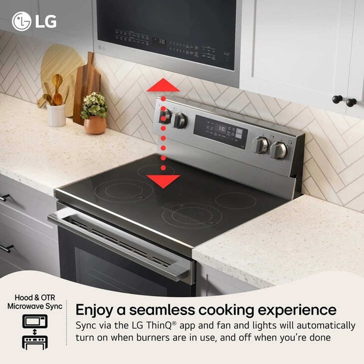 Stainless steel LG electric range in a kitchen with graphics calling out ThinQ app sync with a hood or over-the-range microwave