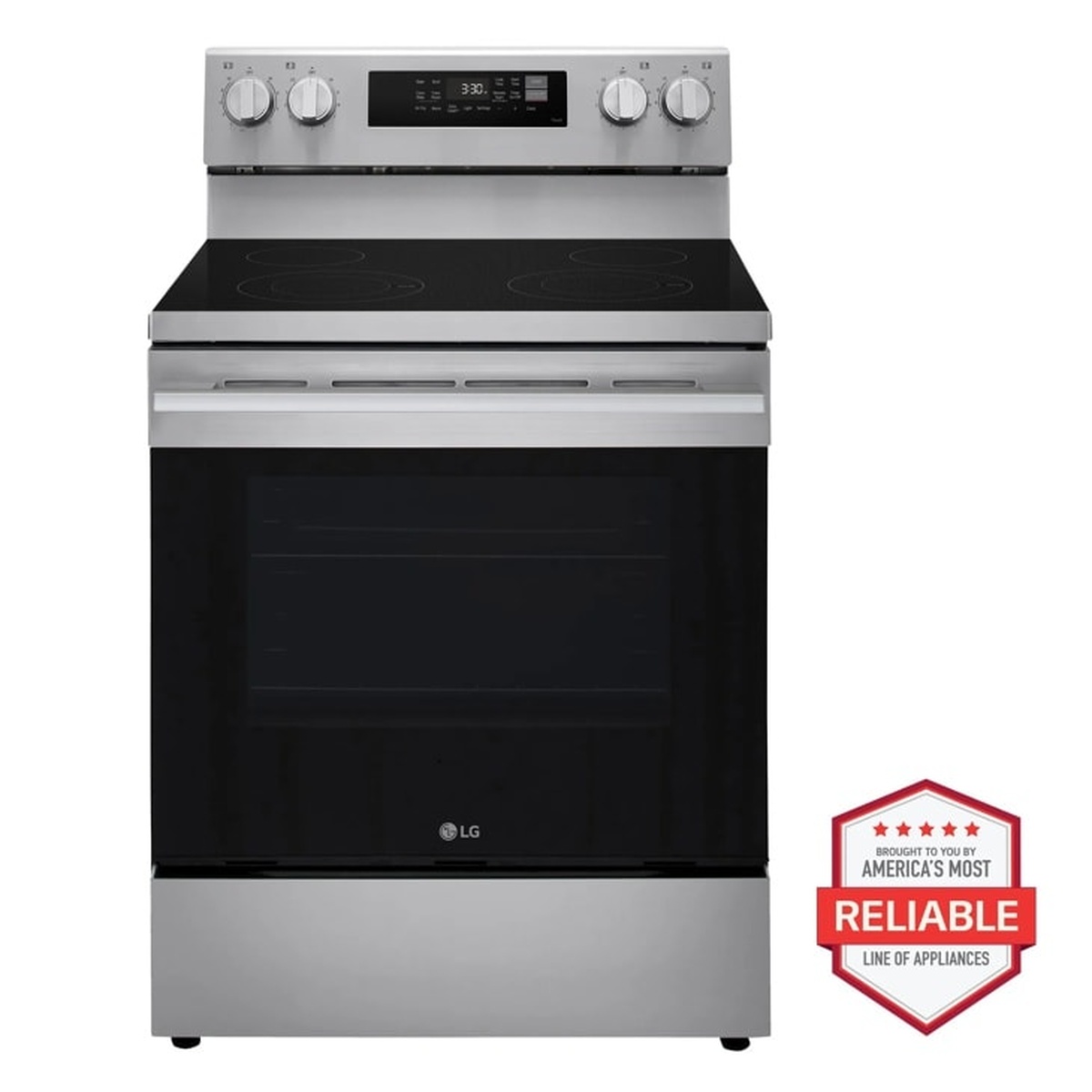 Front view of LG LREN6321YE stainless steel electric range with glass-ceramic cooktop, control panel, and bar handle