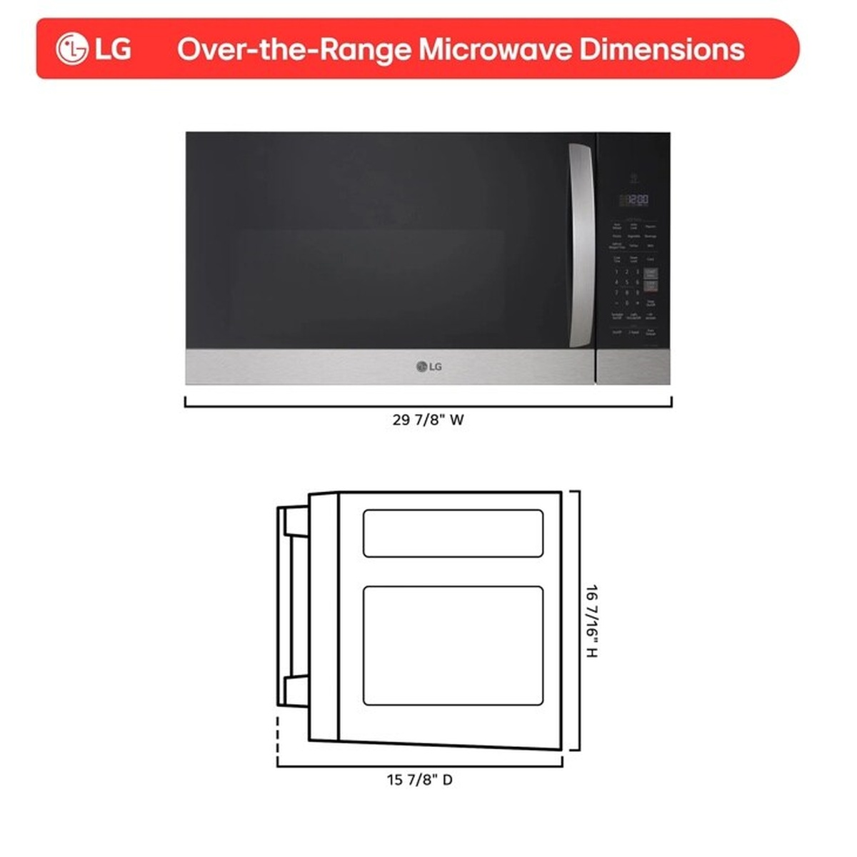 LG MVEM1721F over-the-range microwave dimensions diagram showing width 29 7/8 inches, height 16 7/16 inches, and depth 15 7/8 inches.