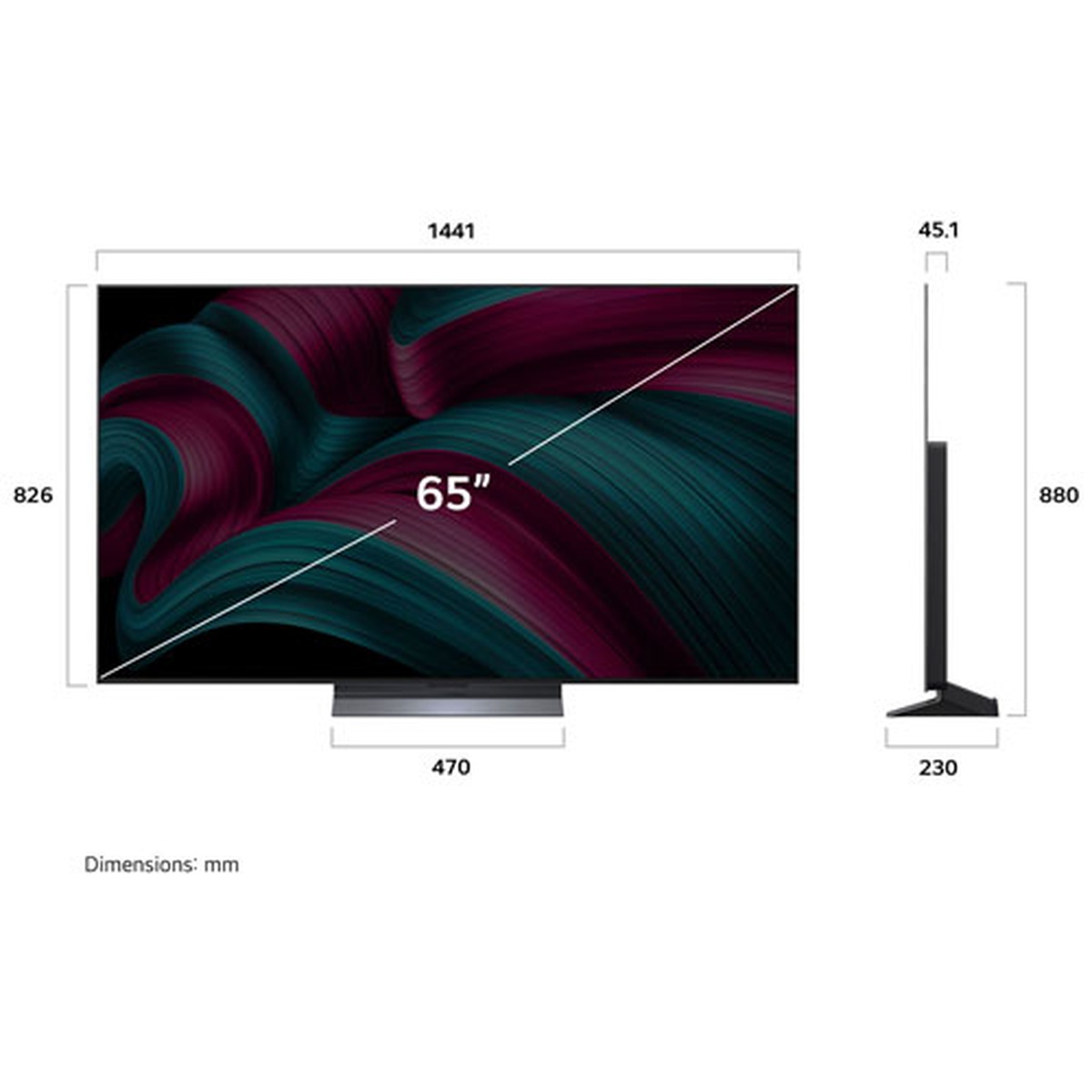 Dimension diagram of the LG 65-inch TV showing width, height, and depth measurements with the stand
