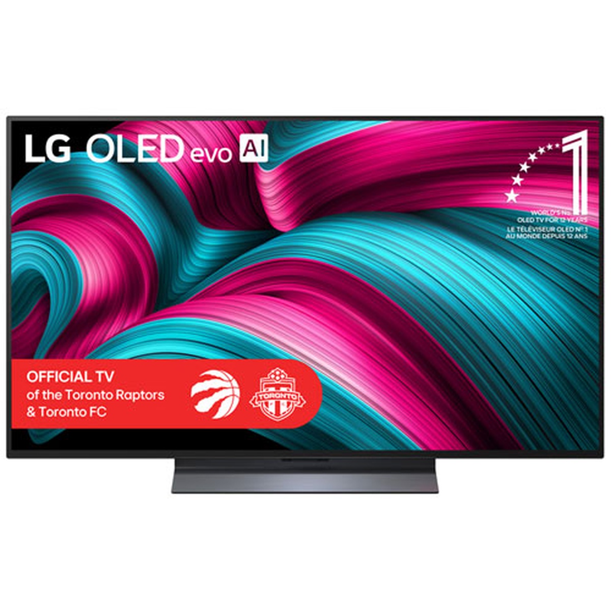 Front view of an LG OLED evo AI TV with a colourful abstract image on screen