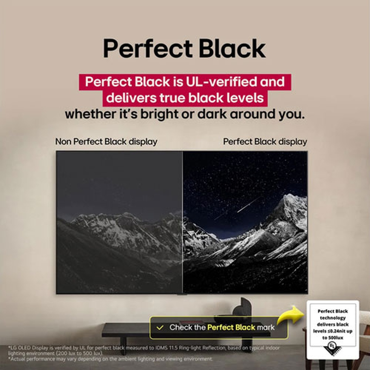 Side-by-side comparison showing Perfect Black display vs non-Perfect Black display, with the LG OLED delivering true black levels in a bright room environment