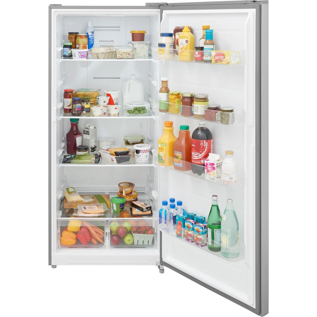 Open upright unit showing full-width glass shelves, door bins, and two clear lower drawers