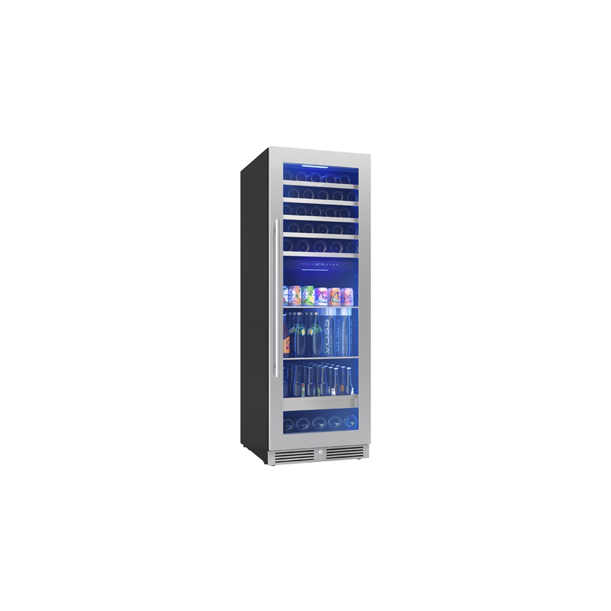 Angled view of the Presrv PRWB24F02BG full-size dual-zone wine and beverage cooler with stainless steel frame, blue LED interior lighting, wine bottles stored on wood racks in the upper zone, and canned beverages on the rollout shelf in the lower zone