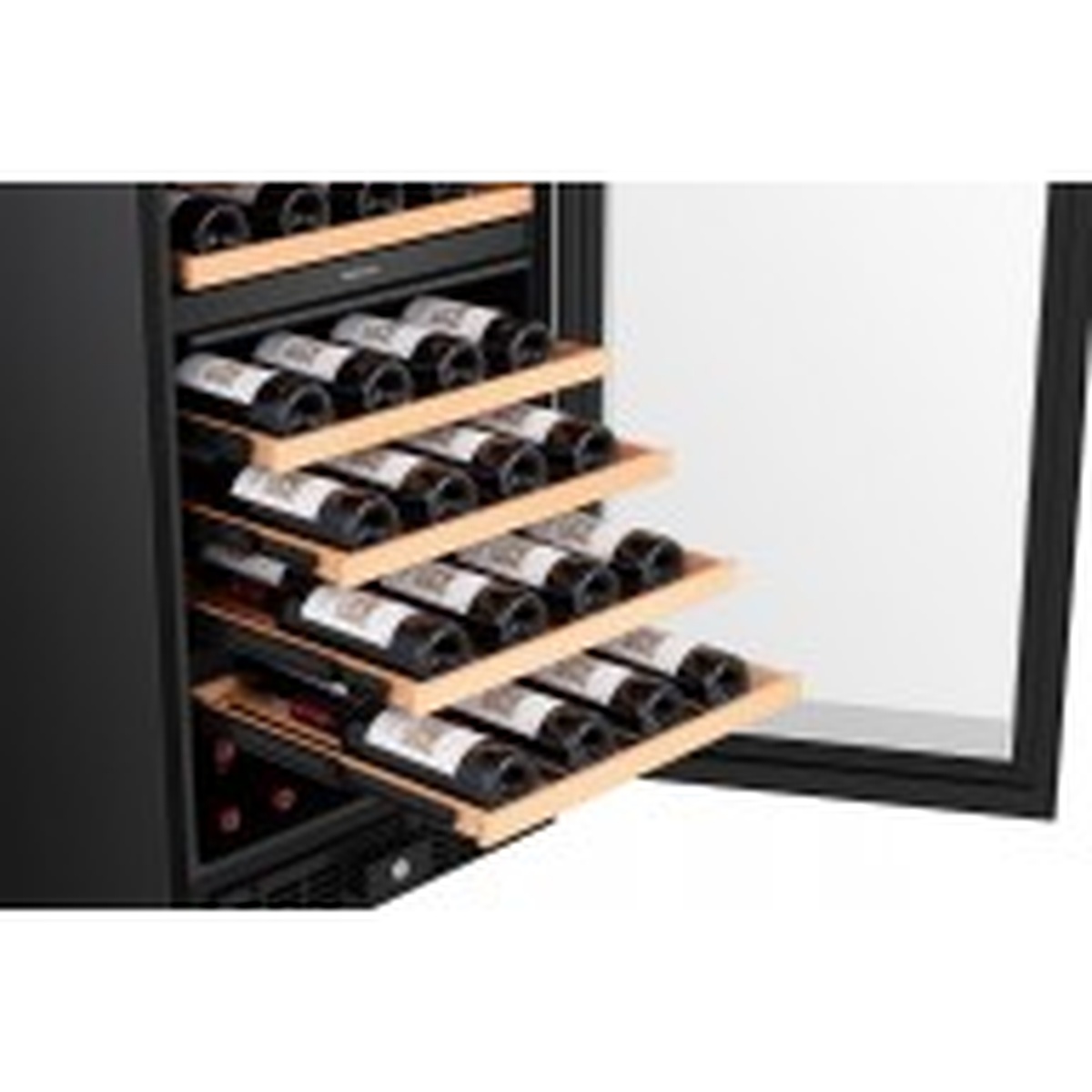 Open wine cooler door showing multiple bottles of red wine stored horizontally on beechwood-trimmed shelves