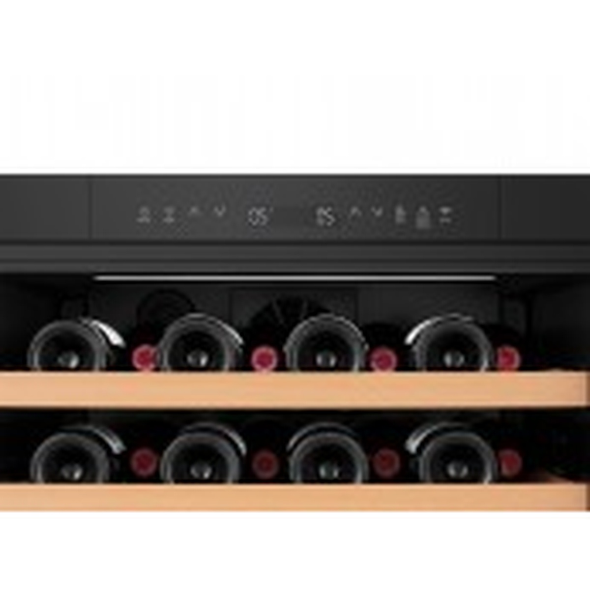 Close-up of the digital touch control panel at the top of the wine cooler interior with bottles on wooden shelves below