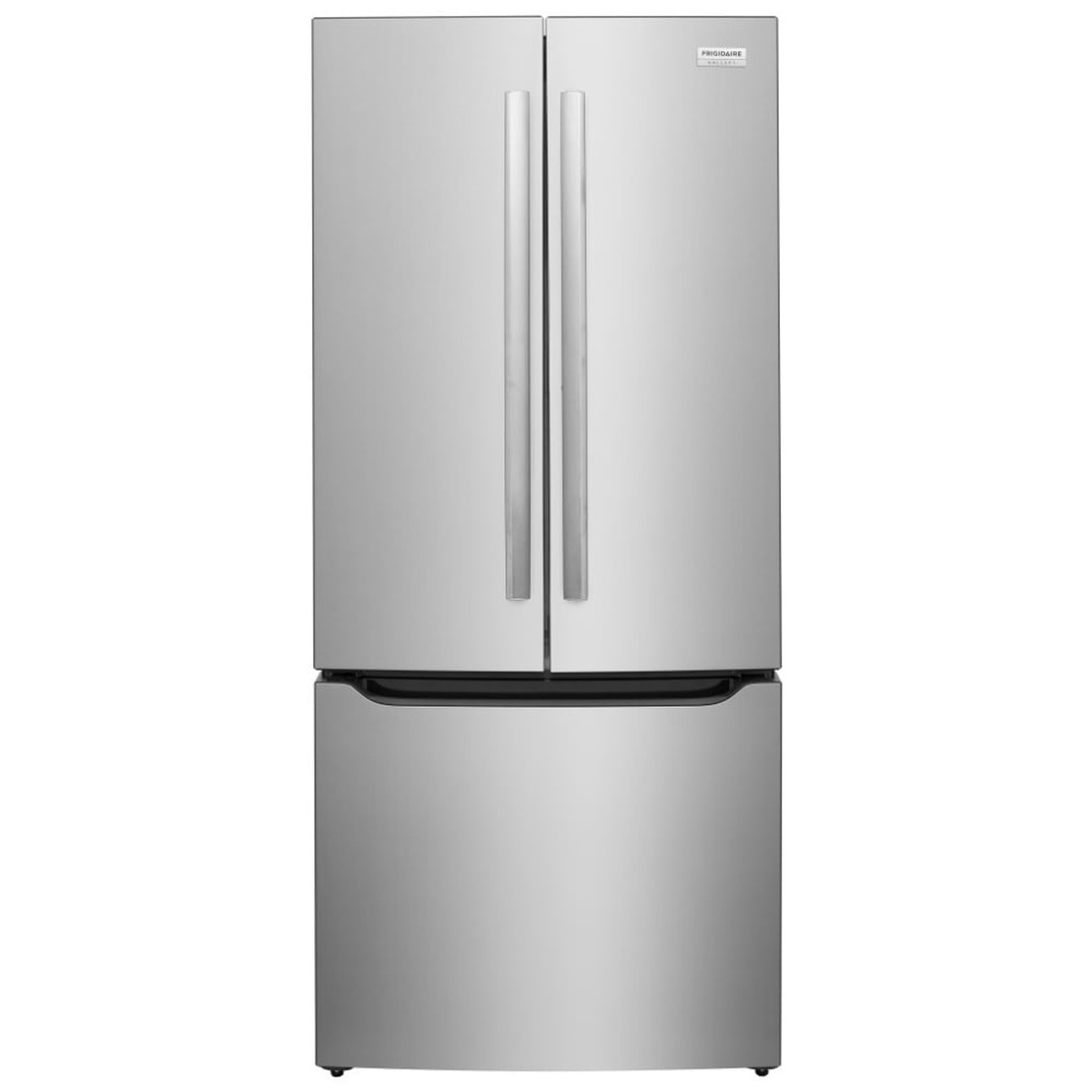 Front view of Frigidaire GRFN2023AF stainless steel French door refrigerator with bottom freezer drawer