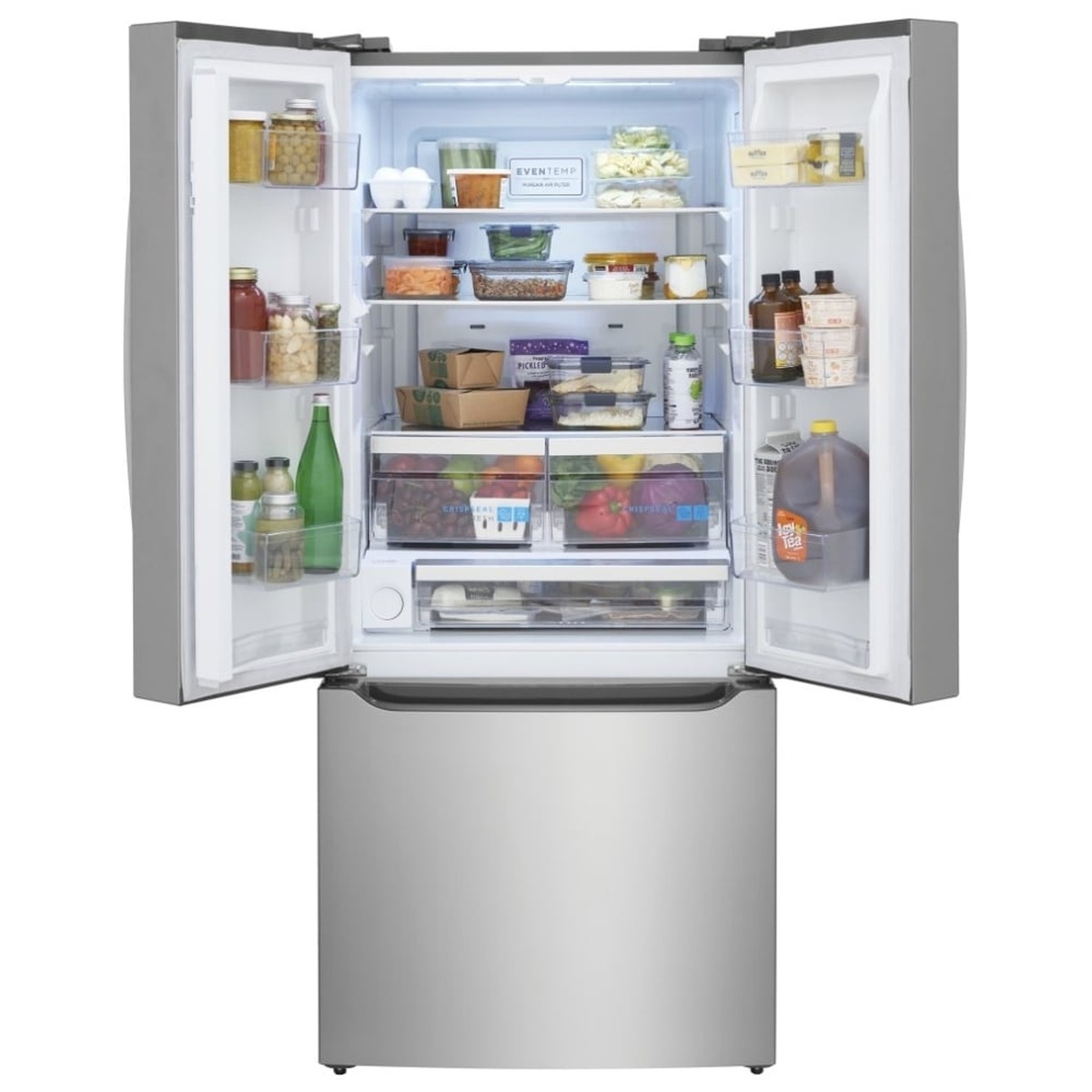 Frigidaire GRFN2023AF refrigerator interior with shelves, door bins, two crisper drawers, and a full-width drawer