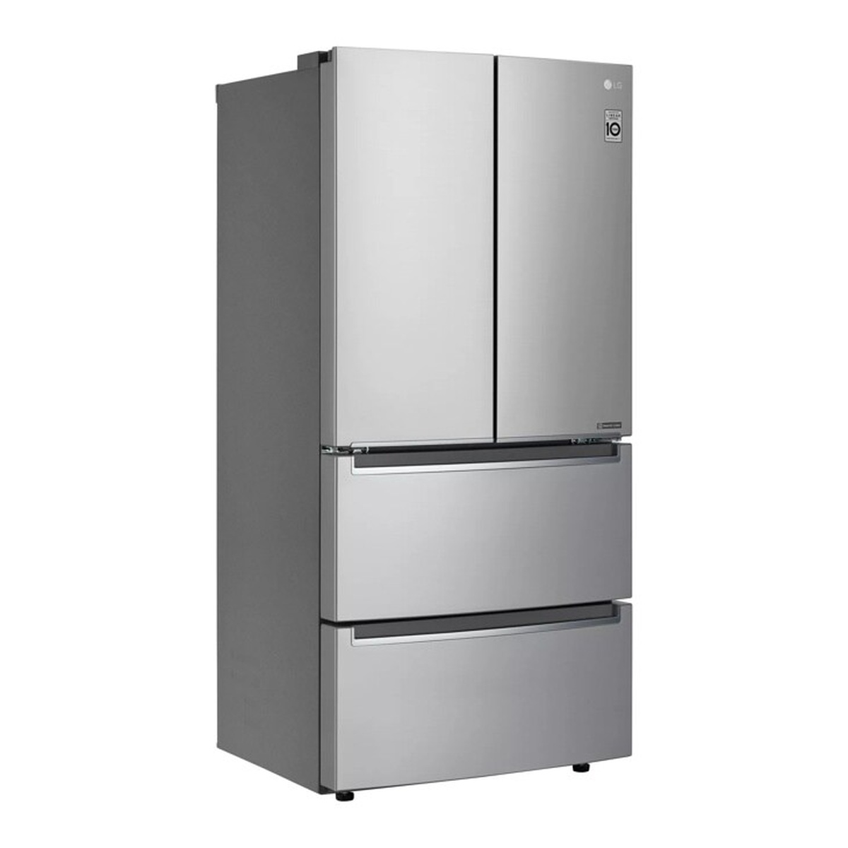 Angled view of the LG LRMNC1803S counter-depth stainless steel 4-door refrigerator with two top doors and two lower drawers