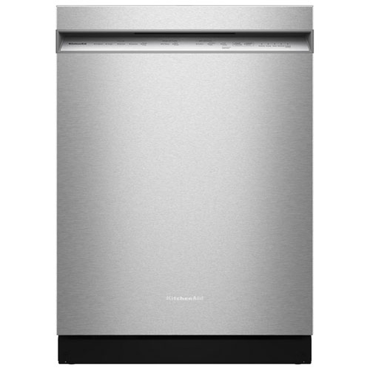 Front view of KitchenAid built-in dishwasher in stainless finish with hidden top controls and pocket handle
