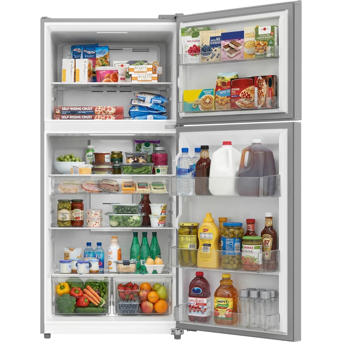 Interior view of the Frigidaire FRTE2246AS refrigerator and freezer fully stocked, showing multiple shelves, deep door bins throughout both sections, and two clear crisper drawers at the base