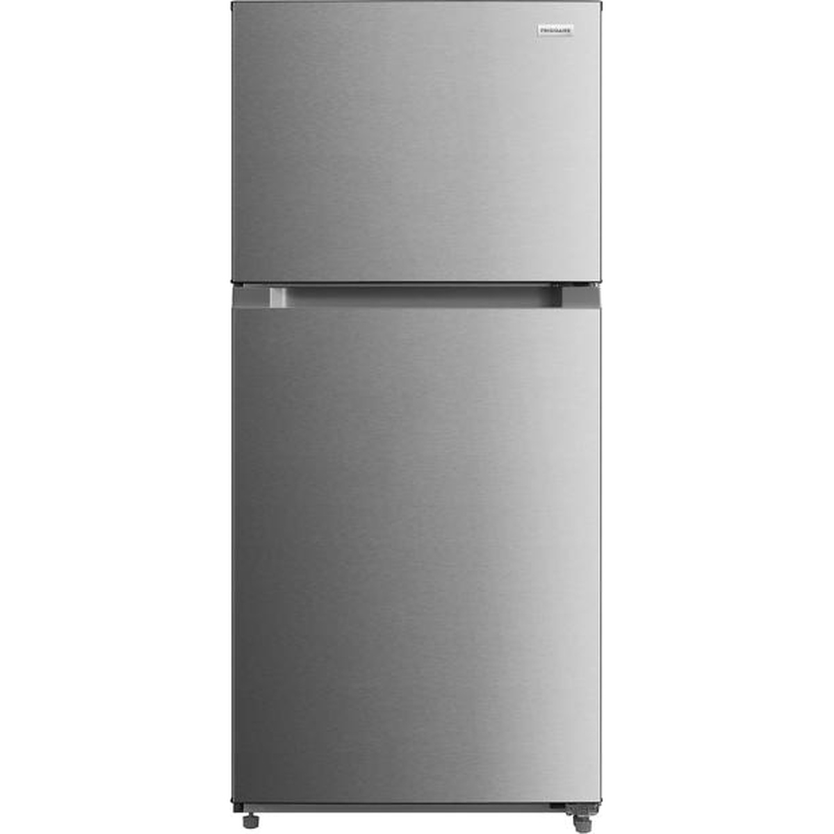 Exterior front view of the Frigidaire FRTE2246AS top freezer refrigerator in a brushed stainless steel finish with integrated handles