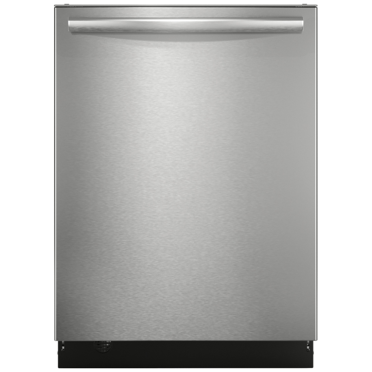Front view of the Frigidaire built-in dishwasher with a stainless steel finish and bar handle