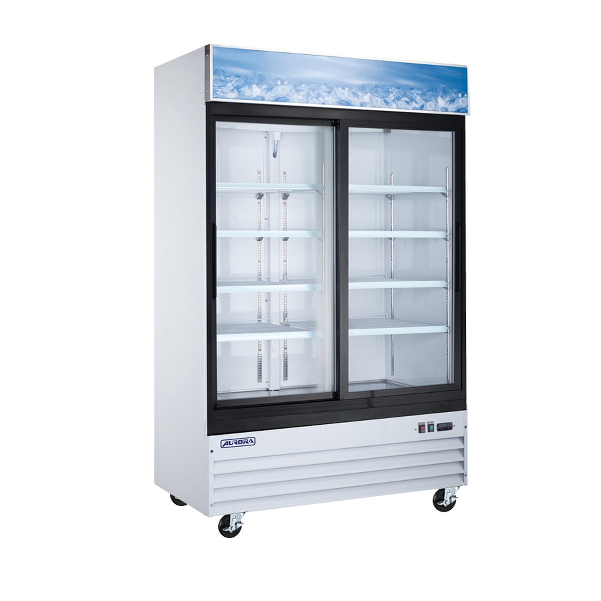 Aurora RE-CN-0045E-HC white two-door sliding glass display refrigerator with illuminated lightbox on top, multiple adjustable interior shelves, bottom-mounted compressor panel, and heavy-duty casters