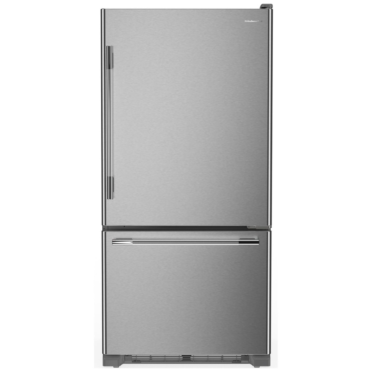 Front view of a KitchenAid bottom-freezer refrigerator with flat doors, long vertical refrigerator handle, and horizontal freezer handle