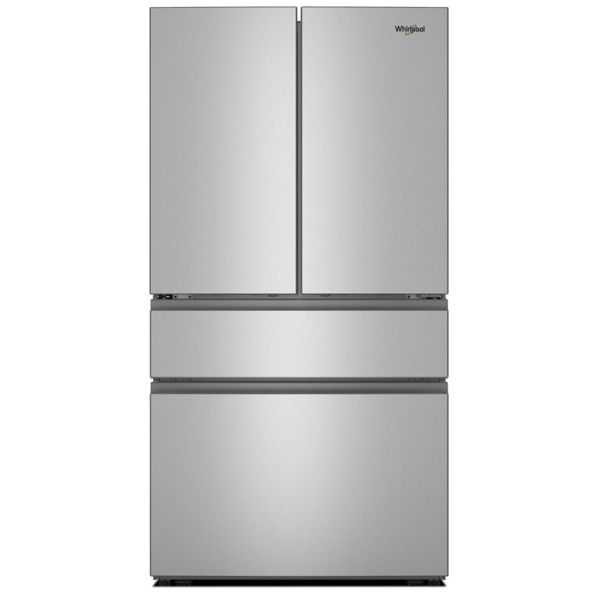 Front view of a stainless steel 4-door French door refrigerator with an exterior middle drawer and bottom freezer