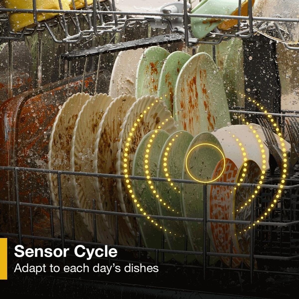Close-up of heavily soiled dishes loaded in the dishwasher rack with animated sensor detection rings illustrating the Sensor Cycle feature
