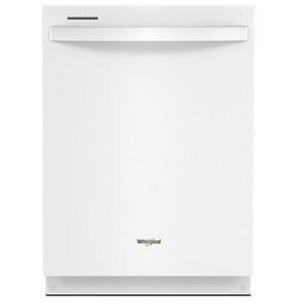 Front view of a white Whirlpool built-in dishwasher with a top towel-bar handle