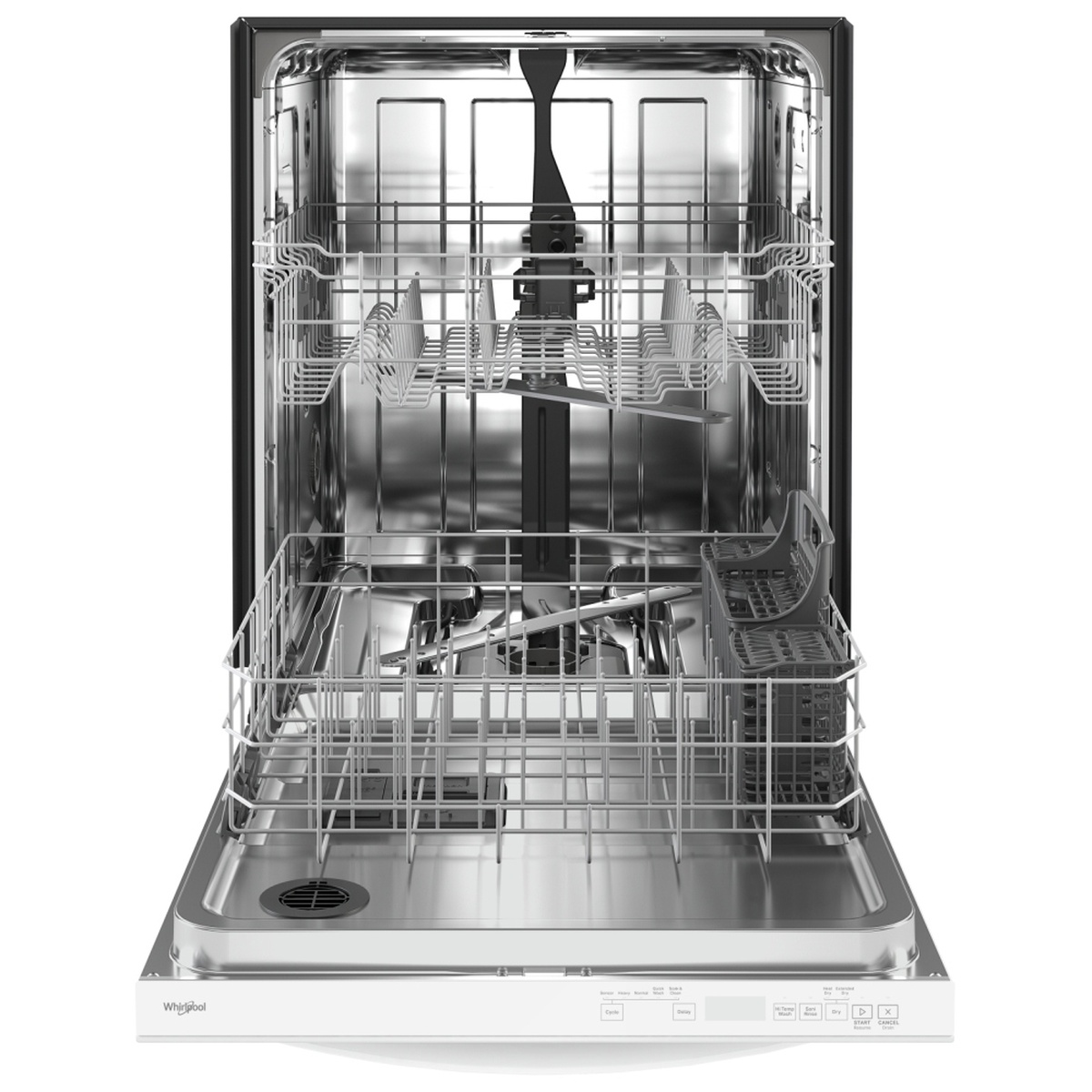 Open Whirlpool dishwasher showing two racks and stainless steel tub interior