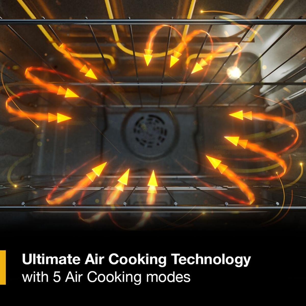 Inside an oven with airflow arrows and the text Ultimate Air Cooking Technology with 5 Air Cooking modes