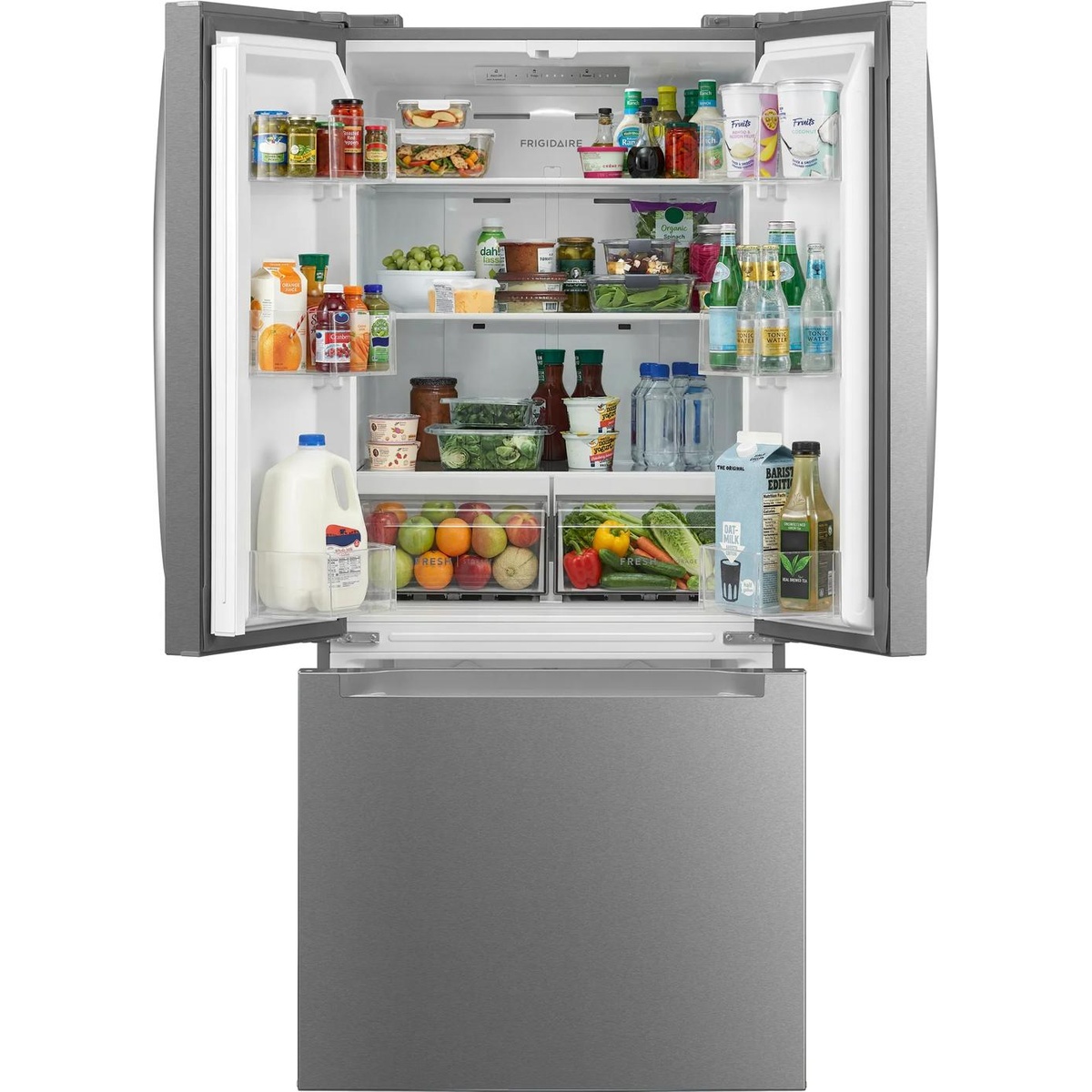 Open Frigidaire French door refrigerator showing adjustable shelves, door bins, and two produce drawers above a bottom freezer drawer
