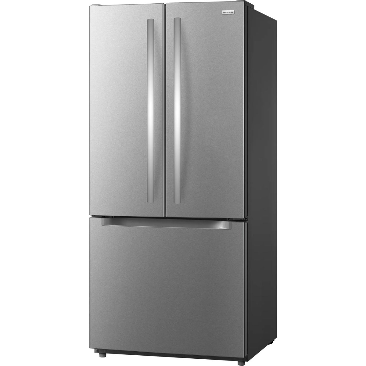 Front-right view of Frigidaire stainless-look French door refrigerator with long vertical handles and a bottom freezer drawer