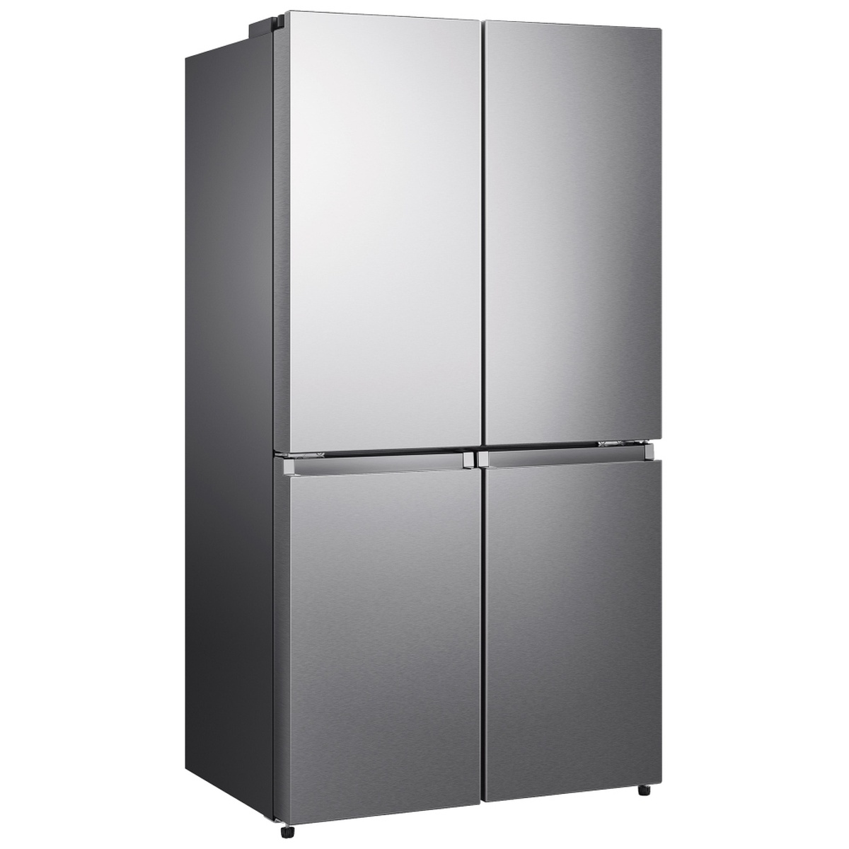 Angled front view of the Hisense RQ22N6ASD quad-door refrigerator in a stainless steel look finish