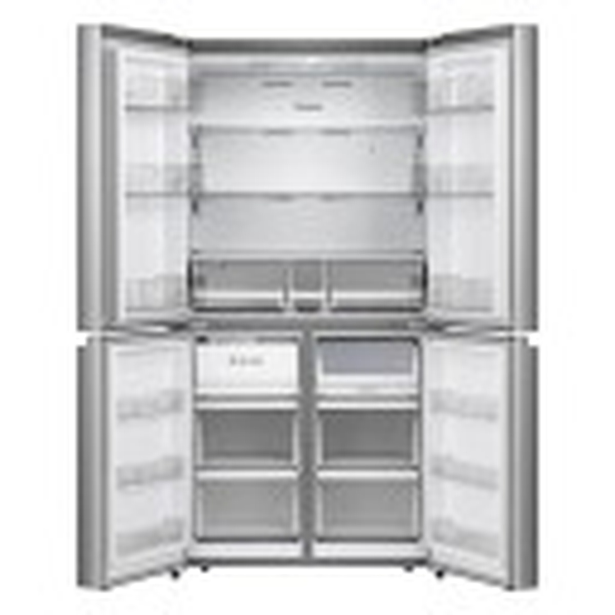 Hisense four-door refrigerator with all doors open showing shelves, bins, drawers, and freezer compartments