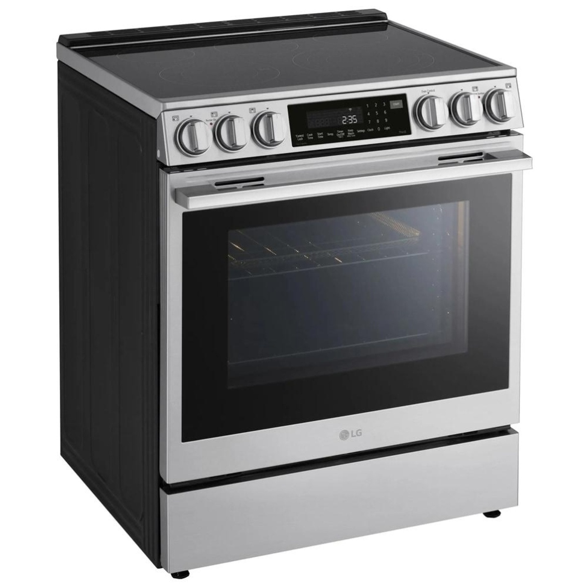 Angled front view of the LG slide-in electric range in stainless steel with front knobs, digital controls, and wide oven window