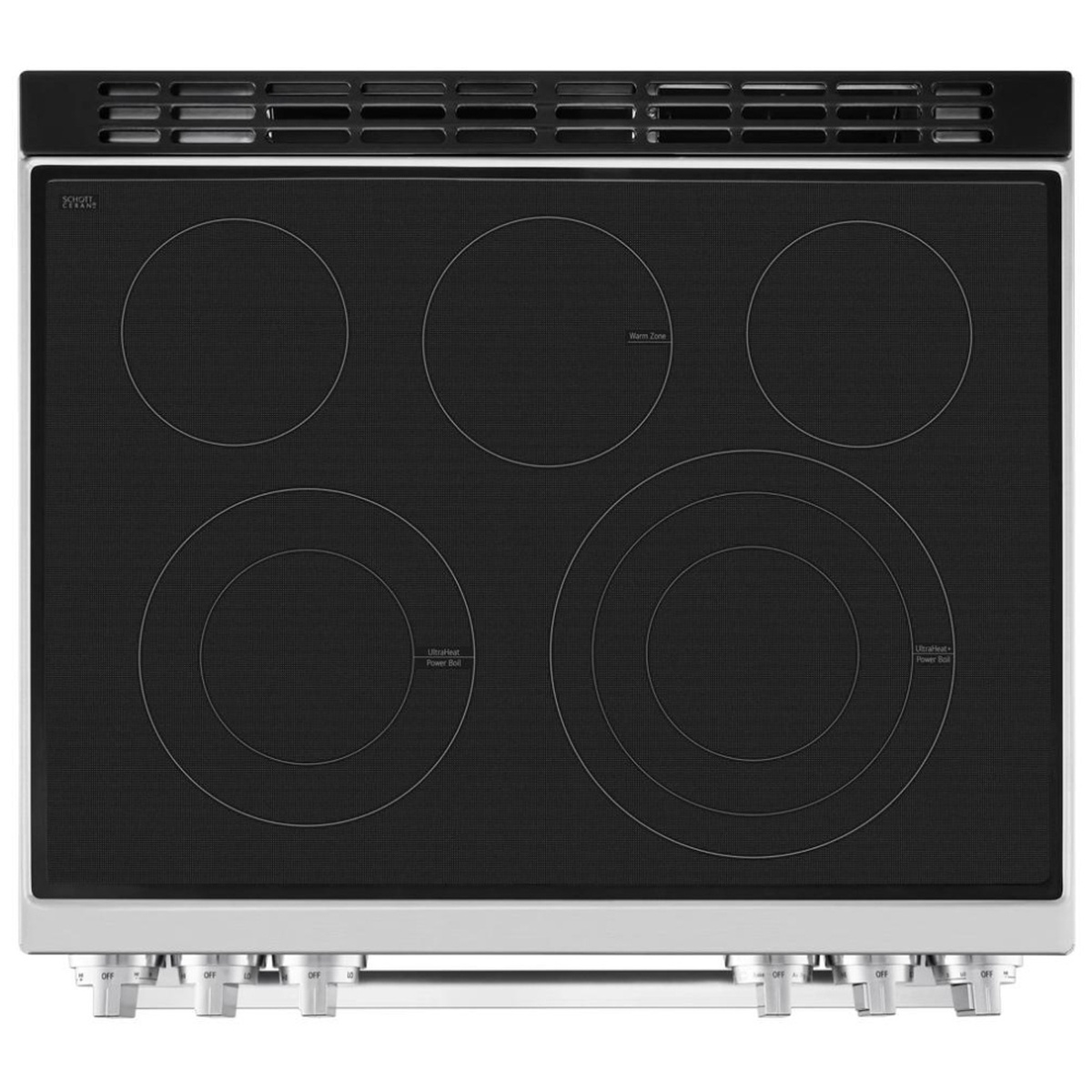 Top-down view of the black ceramic glass smoothtop with five radiant elements, including multi-ring elements and a center warming zone