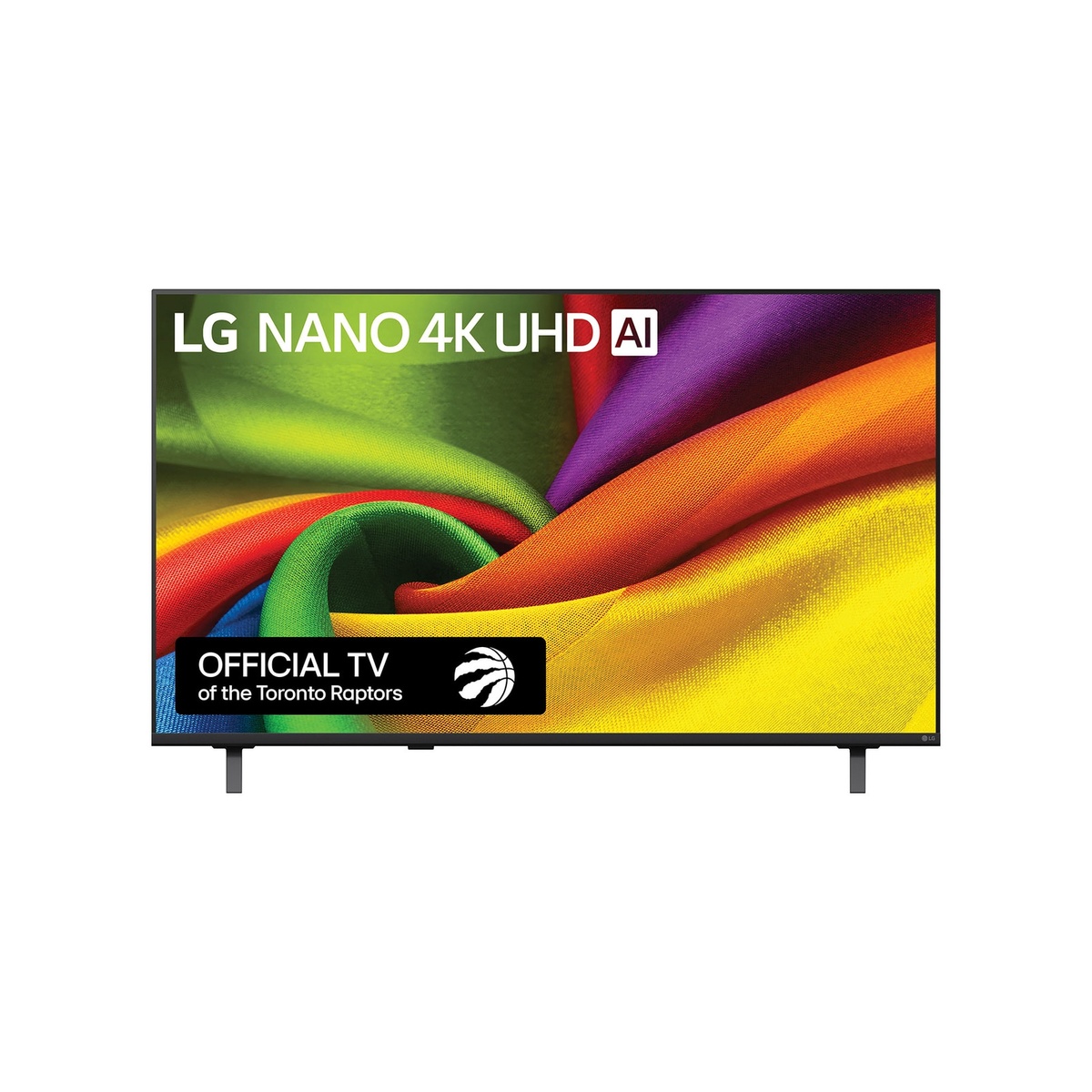 LG NANO 4K UHD AI 75-inch TV front view showing vibrant colorful display and Official TV of the Toronto Raptors badge