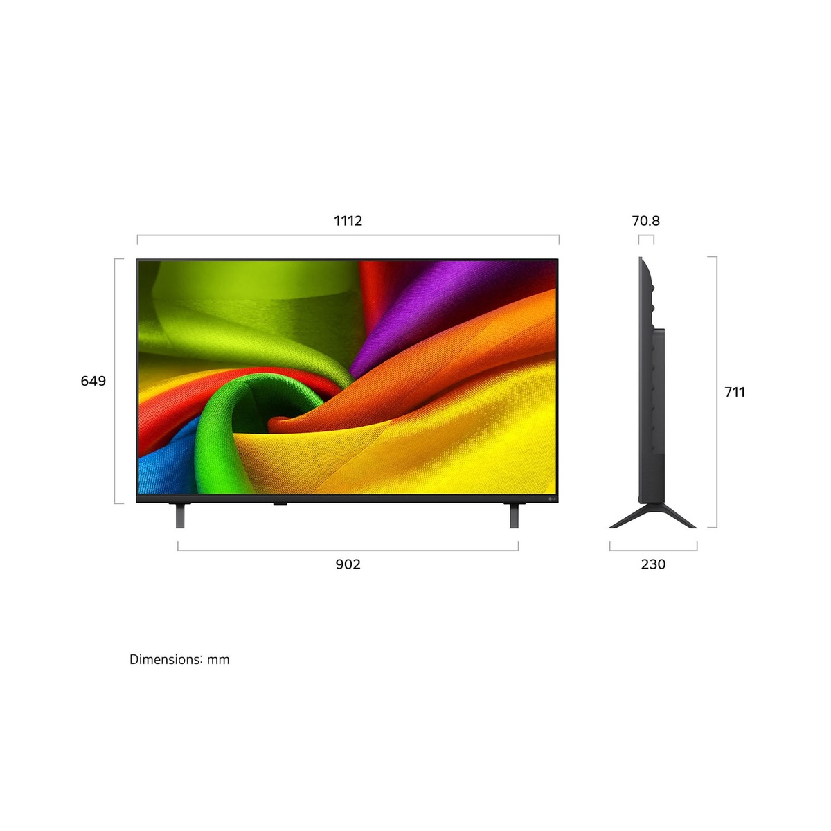 LG NANO 4K UHD 75-inch TV front and side view with labeled dimensions in millimeters