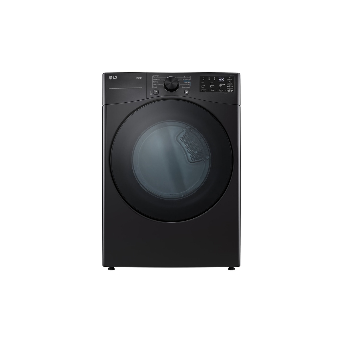 LG DLE3580X electric dryer front view in New Aurora Black showing the full control panel with cycle selector dial, digital display, and ThinQ branding