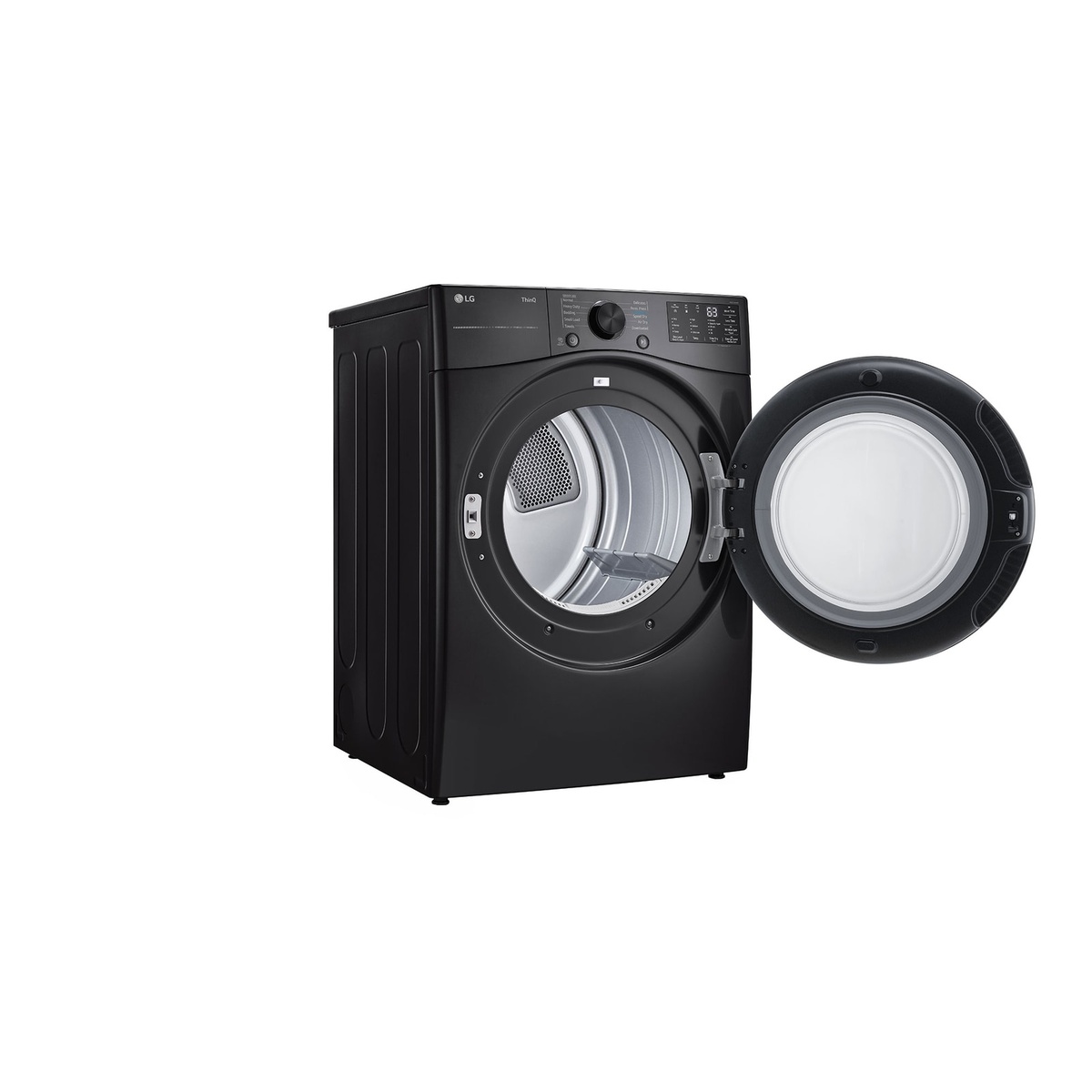 LG DLE3580X electric dryer angled side view in New Aurora Black with door open revealing the spacious drum interior and lint filter