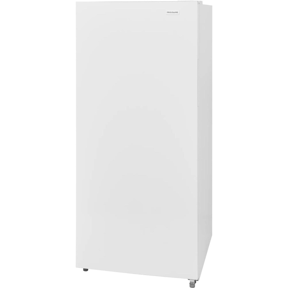 Three-quarter exterior view of the Frigidaire FFUV2126AW upright freezer in white with smooth door finish