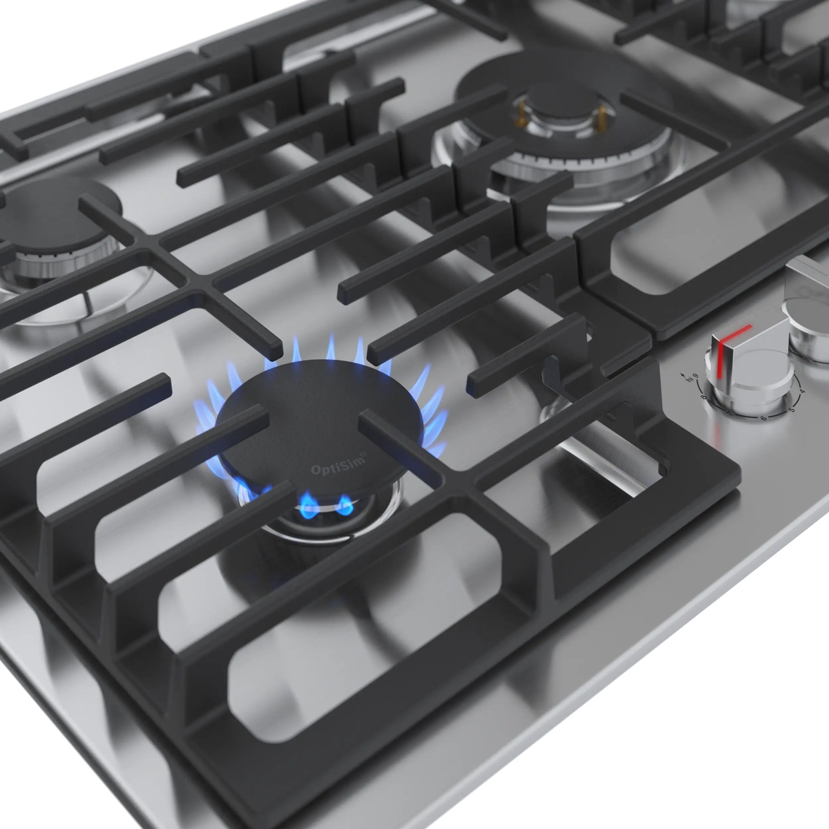 Close-up of the Bosch NGM8658UC showing the OptiSim burner lit with a blue flame, heavy-duty cast iron grates, and brushed stainless steel cooktop surface with control knob