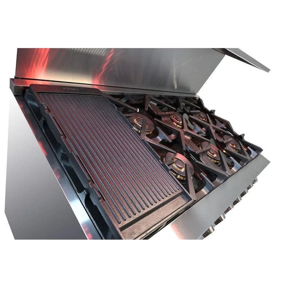Overhead view of Forno Capriasca 48 inch gas range cooktop showing cast iron griddle and dual-ring brass burners with continuous grates