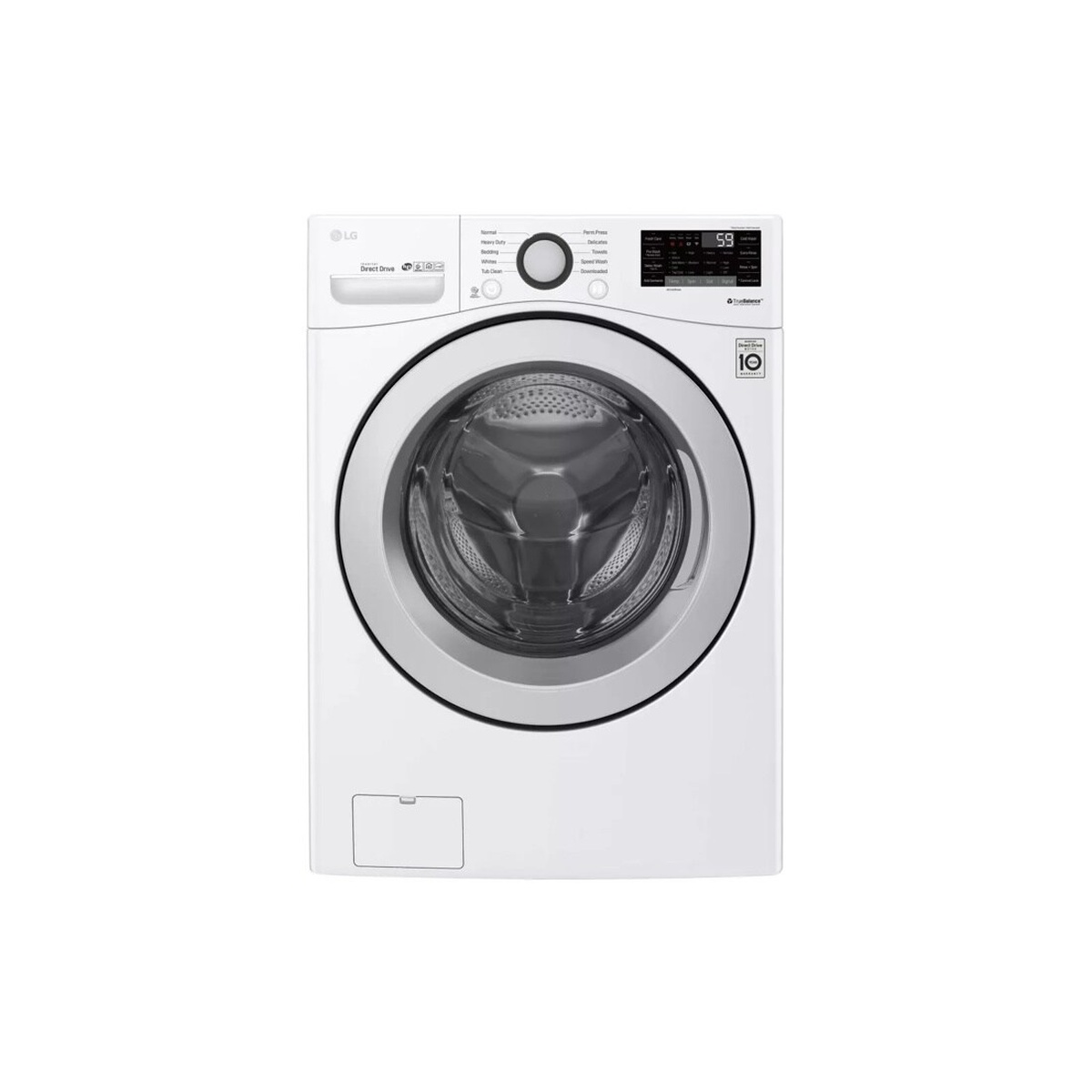 Front view of the LG WM3500CW white front load washer showing the full cabinet, glass door, Inverter Direct Drive 10-year warranty badge, and TrueBalance branding