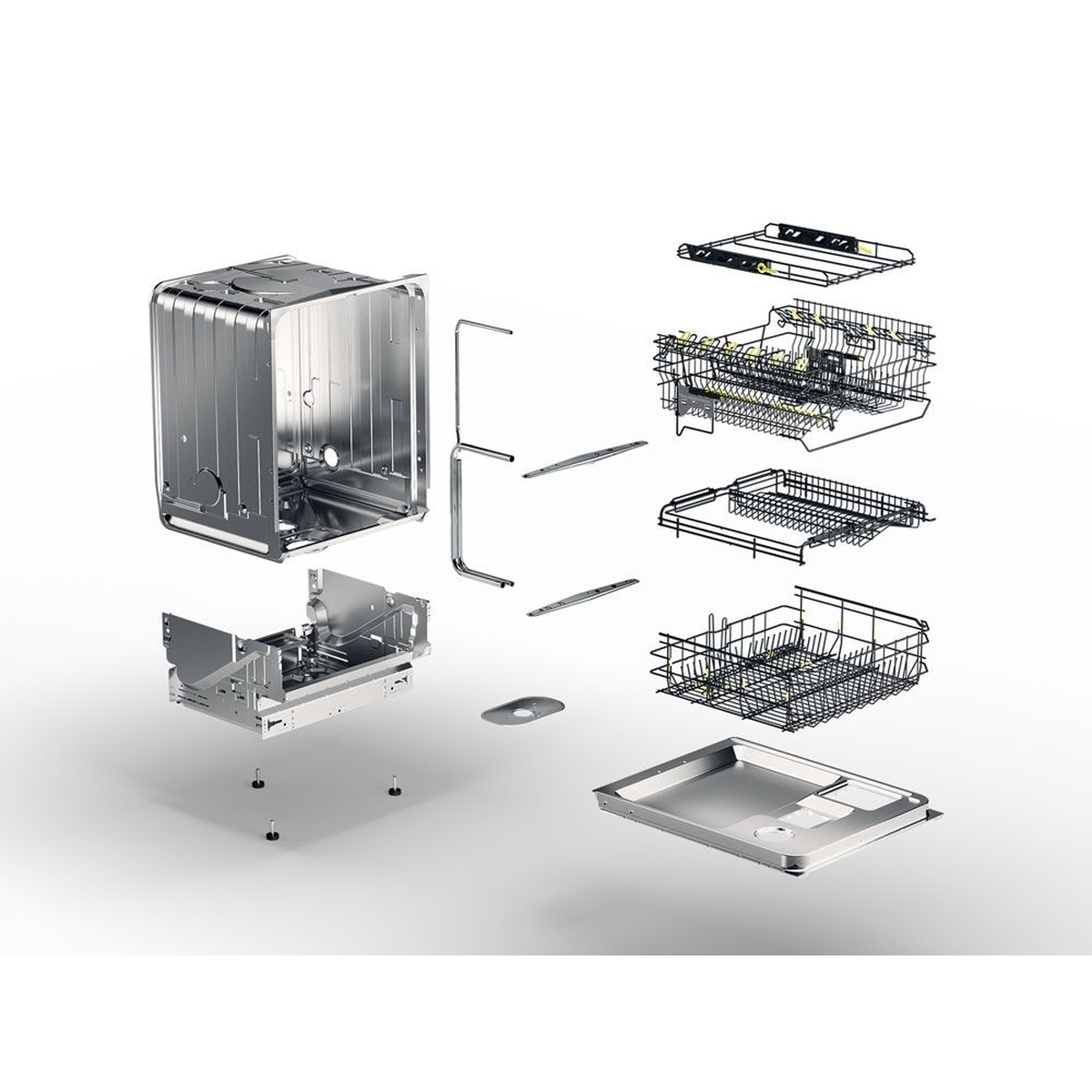 Exploded view of ASKO DFI564 dishwasher showing stainless steel tub, three-level rack system including cutlery basket, lower and upper racks, and interior components