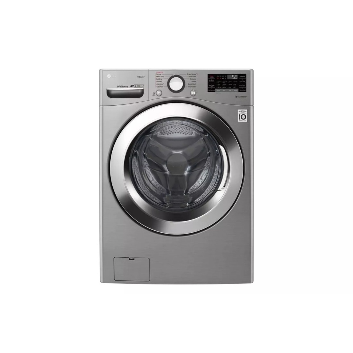 LG WM3700HVA front load washer in Graphite Steel, standalone front view showing large chrome-rimmed door and Inverter Direct Drive 10-Year Warranty badge