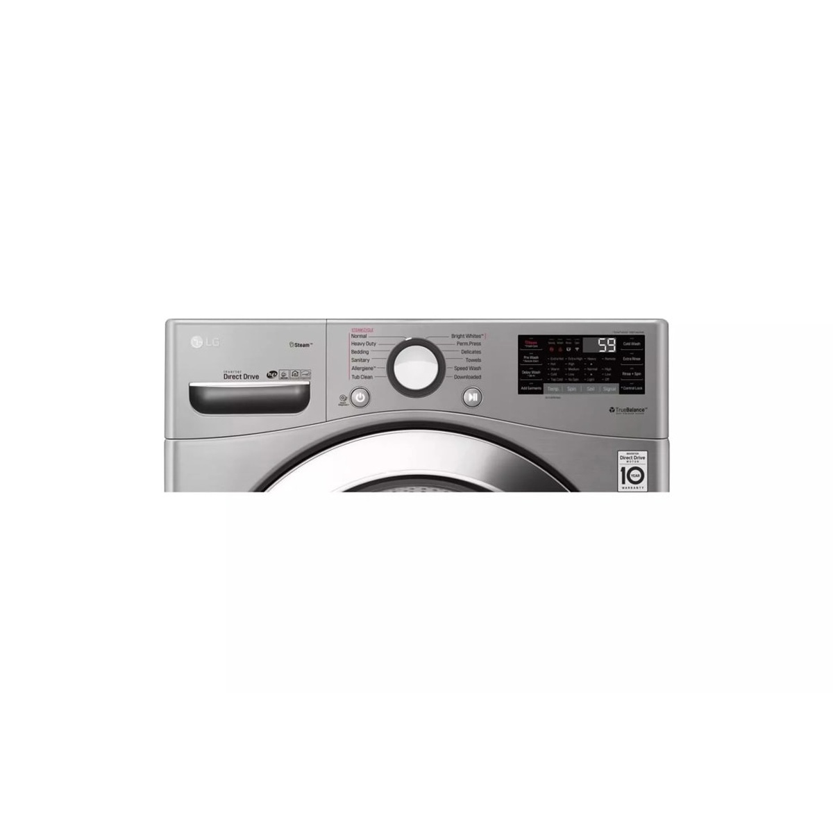 Close-up of the LG WM3700HVA control panel showing Dial-A-Cycle selector, wash program labels, temperature and spin touch controls, and the Inverter Direct Drive 10-Year Warranty badge